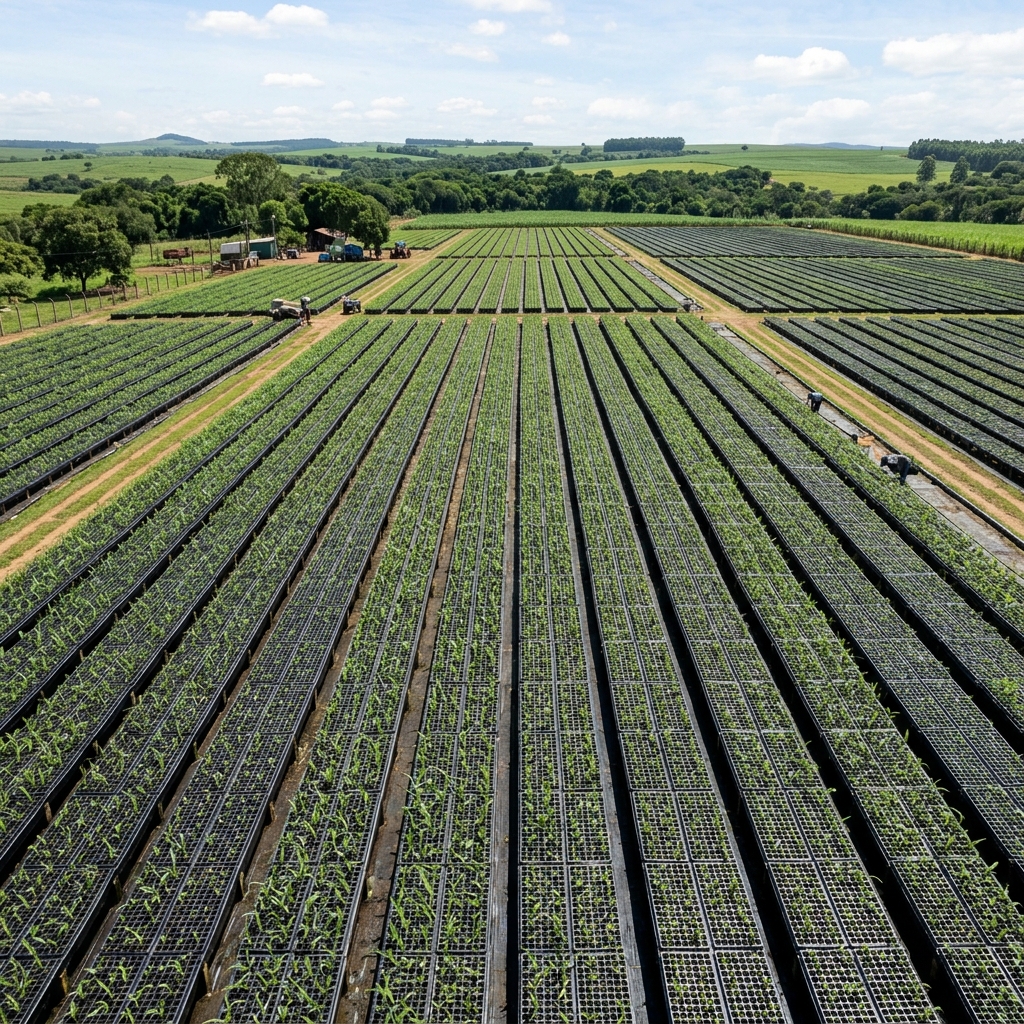 Long rows of sugarcane seedling trays laid out on nursery soil