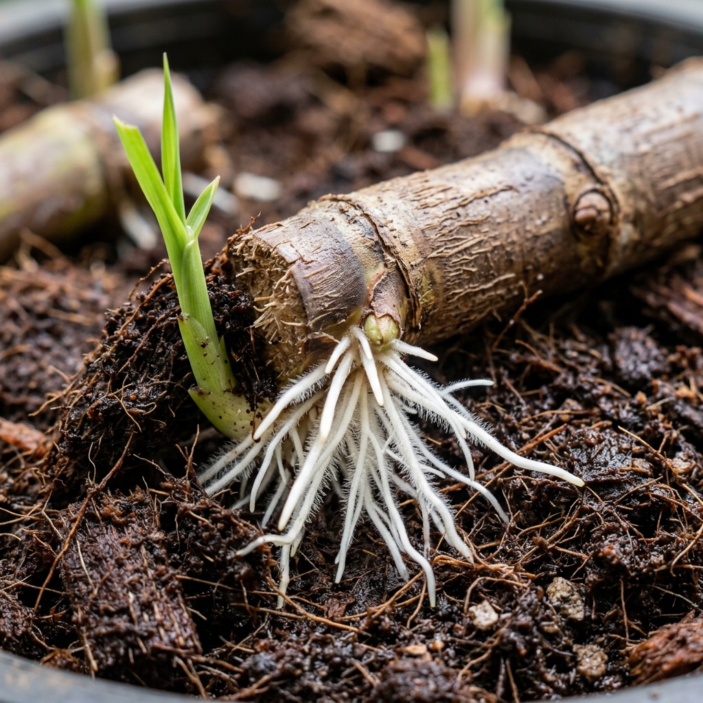 Close-up of freshly sprouted sugarcane setts with white roots in the nursery bed